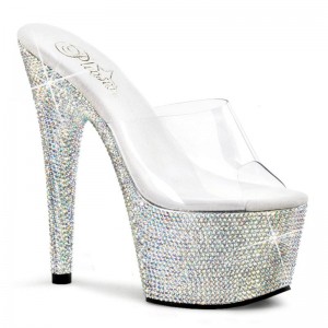 Chanclas De Plataforma Pleaser Bejeweled-701DM Mujer Plateadas | ESPAÑA HPIVA