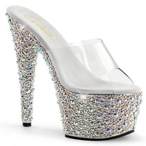 Chanclas De Plataforma Pleaser Bejeweled-701MS Mujer Plateadas | ESPAÑA GXIFT