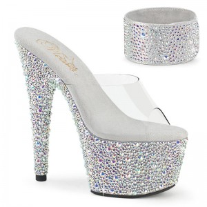 Chanclas De Plataforma Pleaser Bejeweled-712MS Rhinestones Mujer Plateadas | ESPAÑA VPKMB