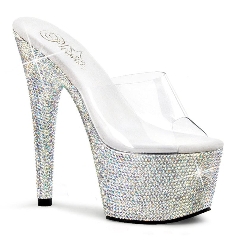 Chanclas De Plataforma Pleaser Bejeweled-701DM Mujer Plateadas | ESPAÑA HPIVA