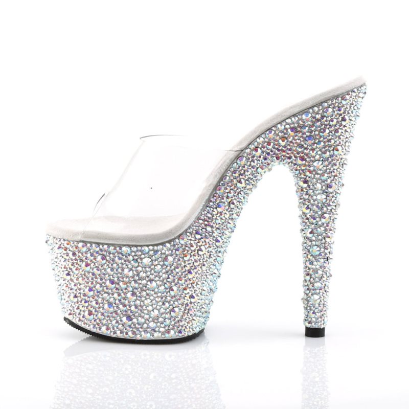 Chanclas De Plataforma Pleaser Bejeweled-701MS Mujer Plateadas | ESPAÑA GXIFT