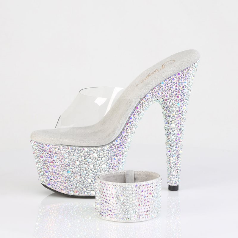 Chanclas De Plataforma Pleaser Bejeweled-712MS Rhinestones Mujer Plateadas | ESPAÑA VPKMB