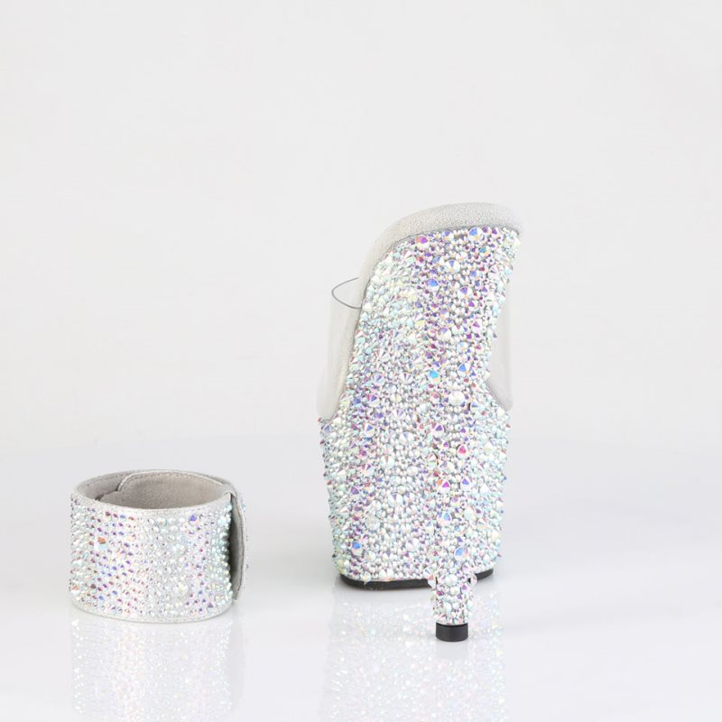 Chanclas De Plataforma Pleaser Bejeweled-712MS Rhinestones Mujer Plateadas | ESPAÑA VPKMB